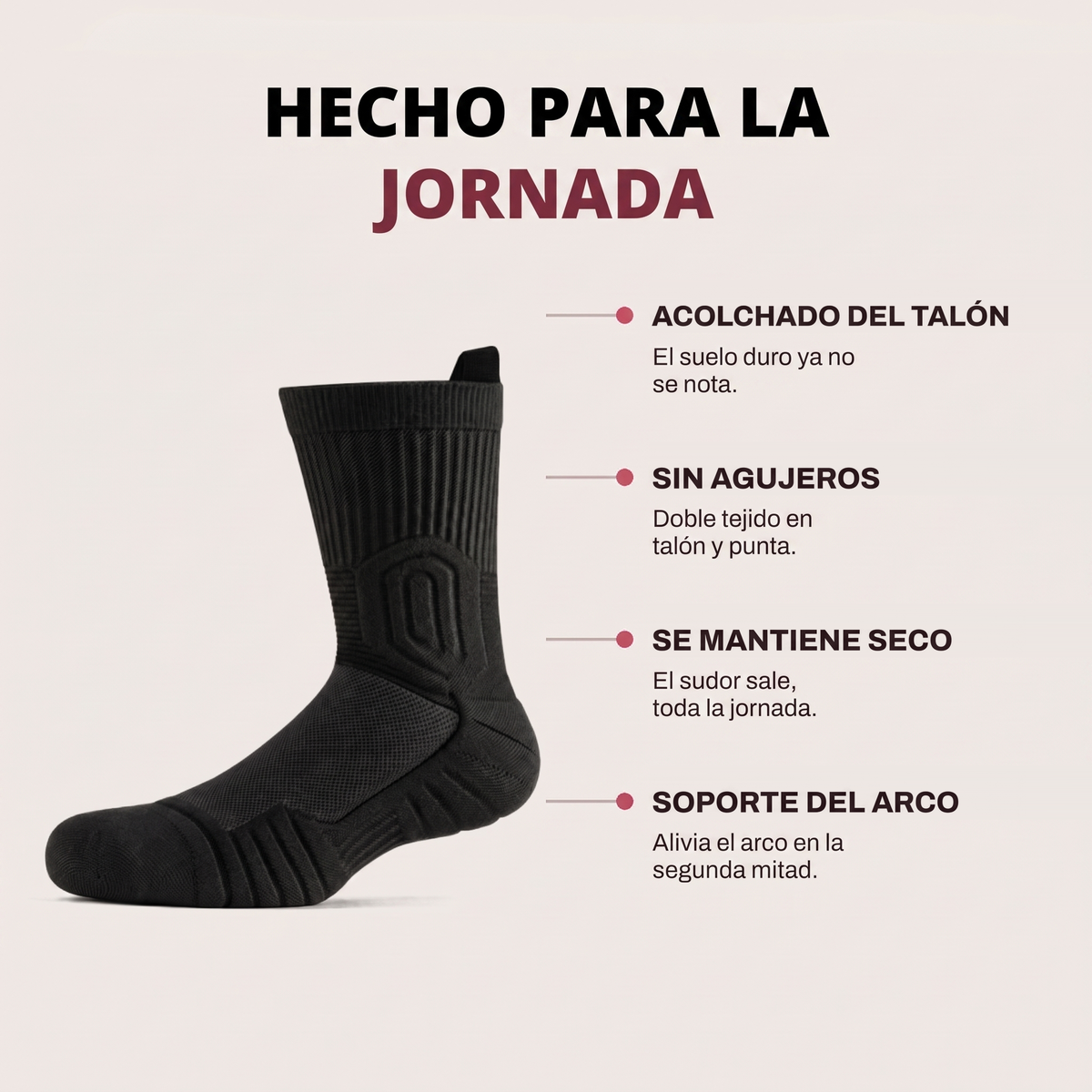 Hecho para la jornada: acolchado del talón, sin agujeros, se mantiene seco, soporte del arco