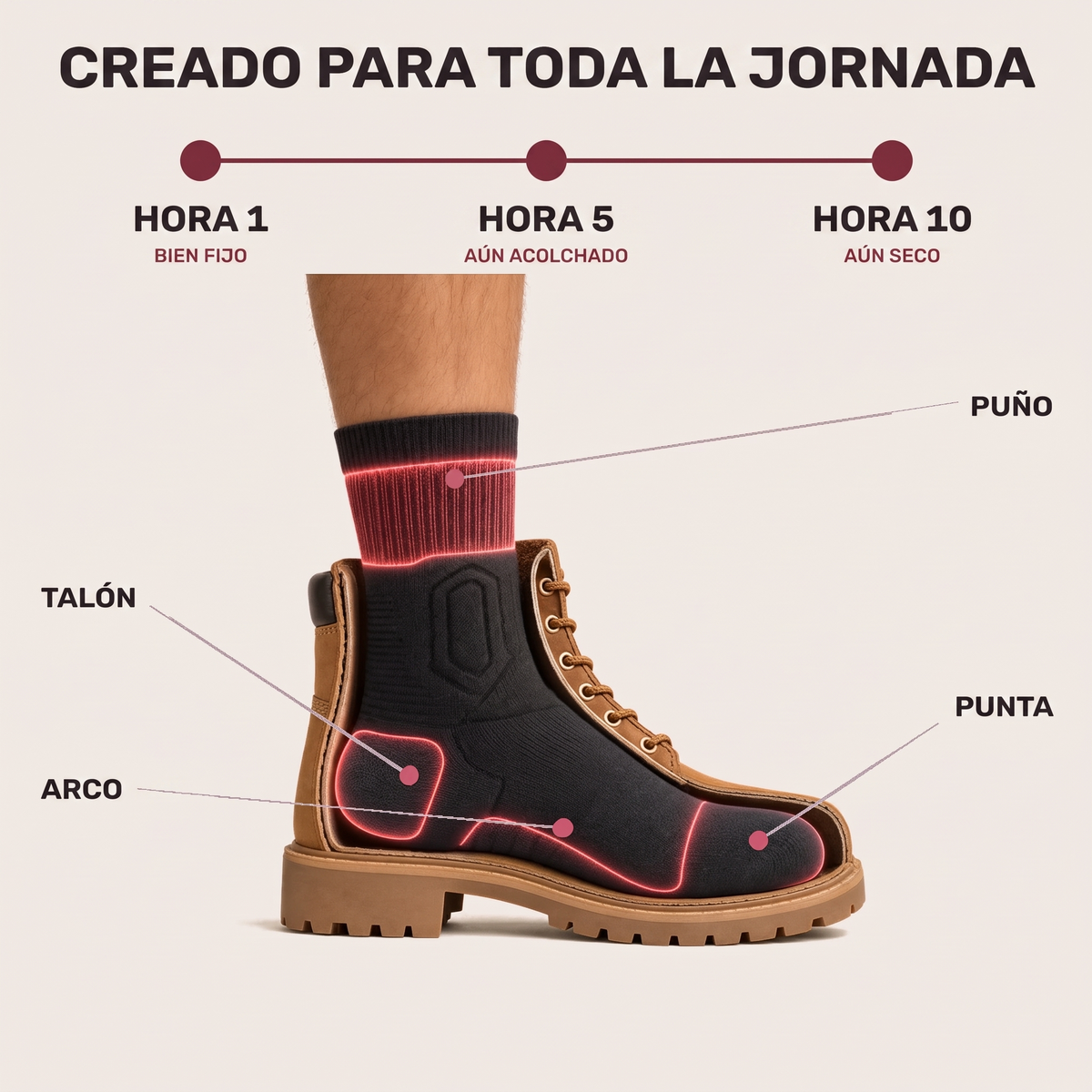 Creado para toda la jornada: hora 1, hora 5 y hora 10 dentro de la bota