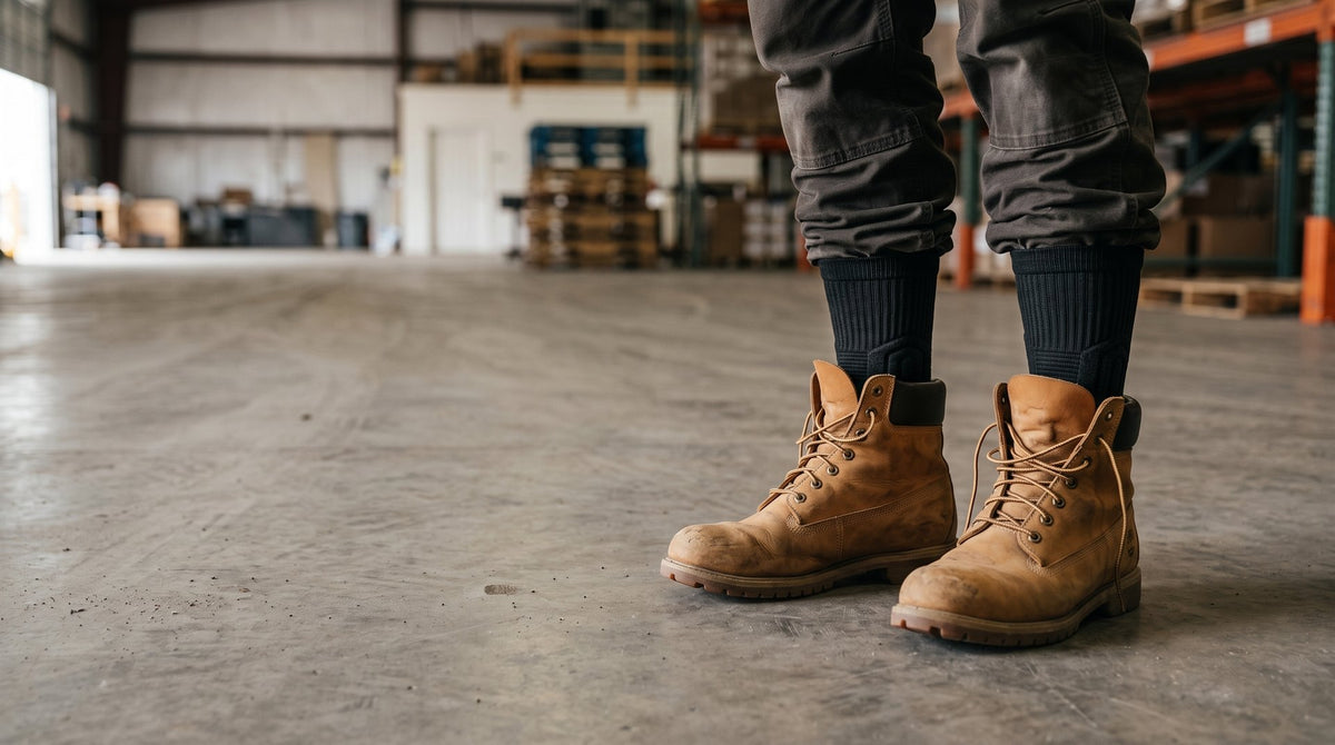 Trabajador con calcetines acolchados dentro de botas de trabajo en un almacén