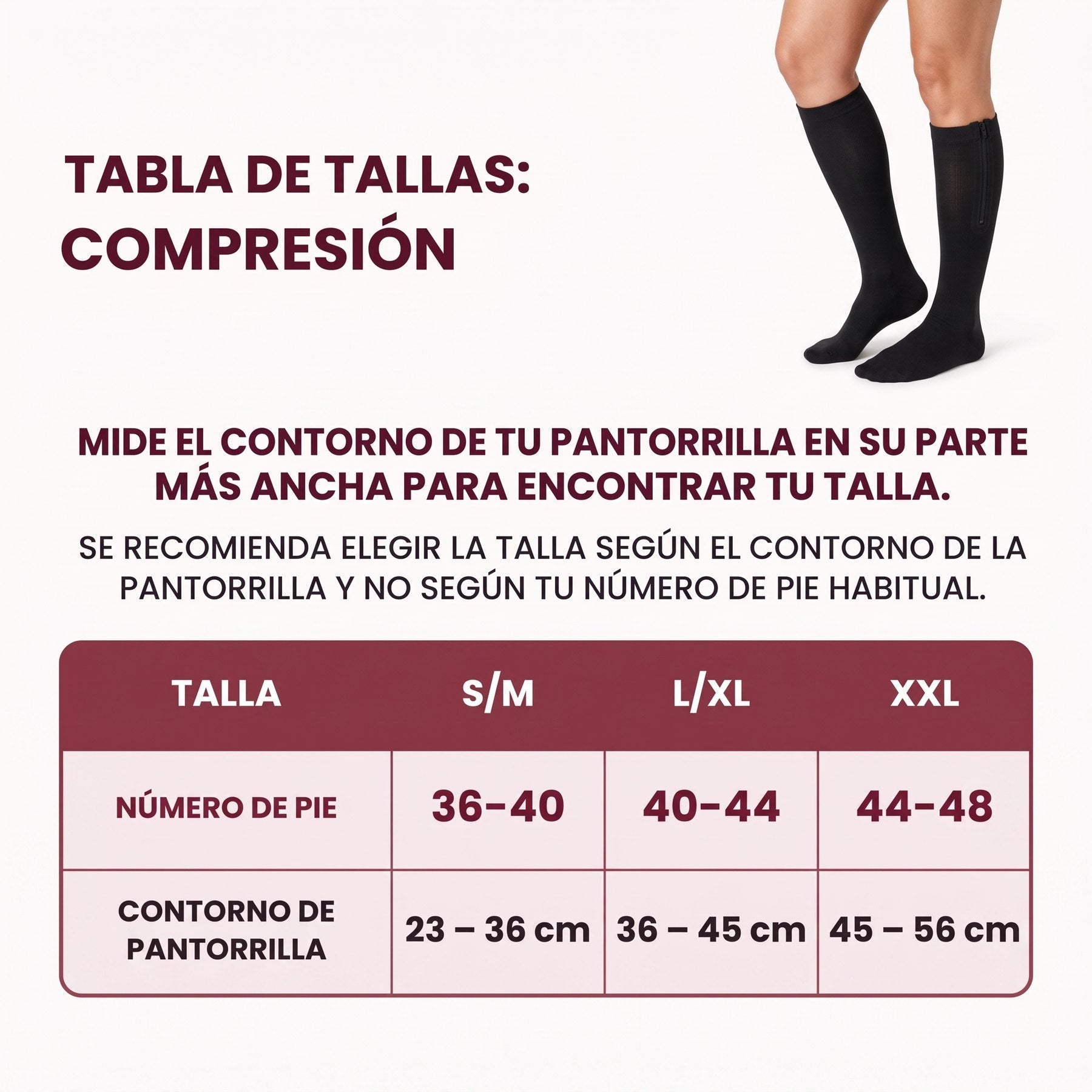 Tabla de tallas según el contorno de la pantorrilla