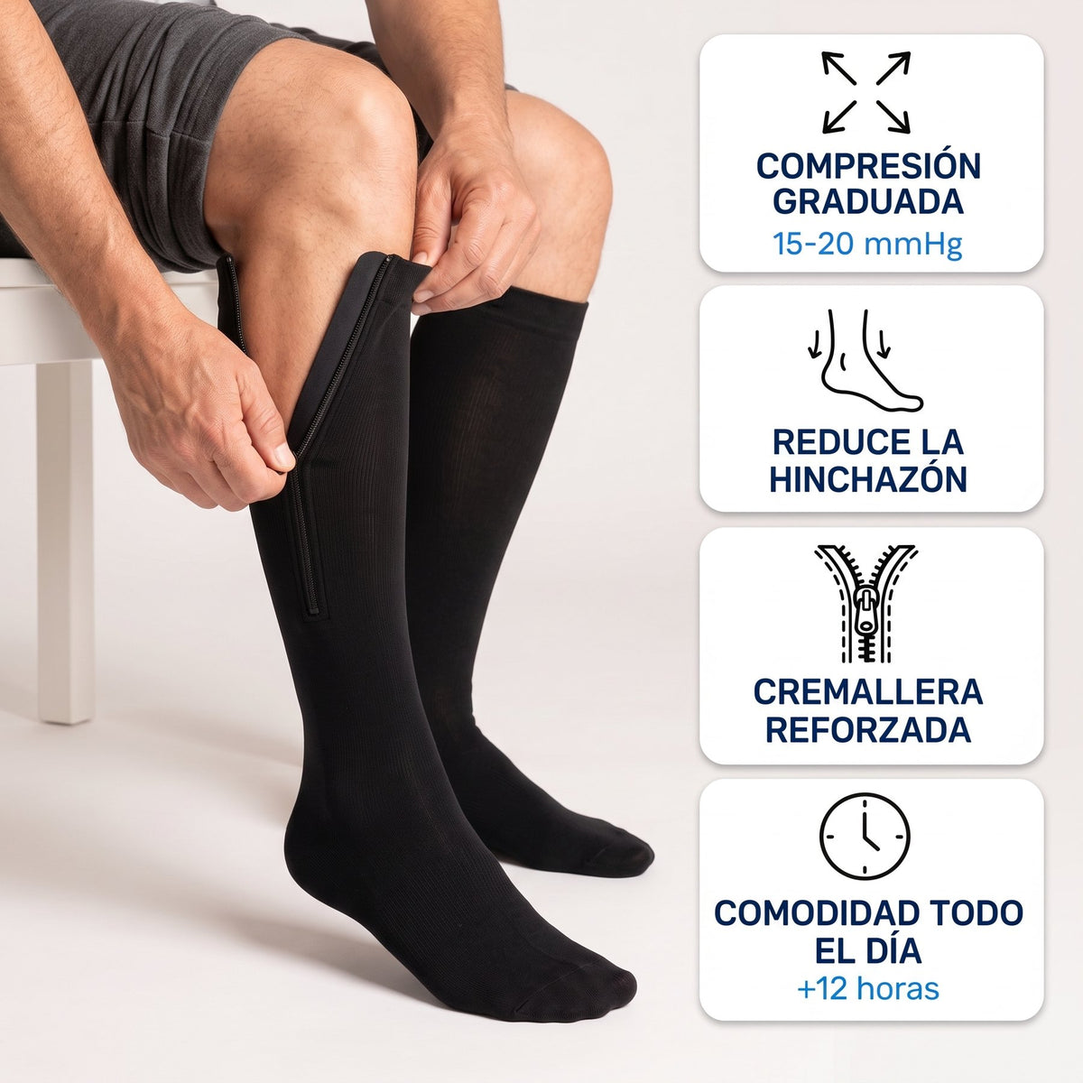 Medias de compresión con cremallera: compresión graduada 15-20 mmHg, reduce la hinchazón, cremallera reforzada, comodidad todo el día