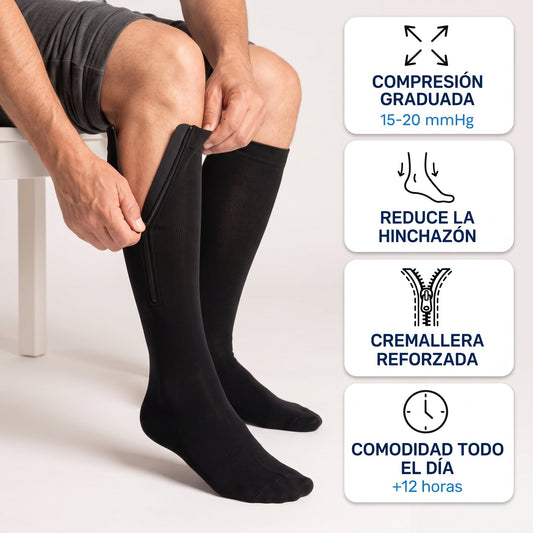 Medias de compresión con cremallera: compresión graduada 15-20 mmHg, reduce la hinchazón, cremallera reforzada, comodidad todo el día