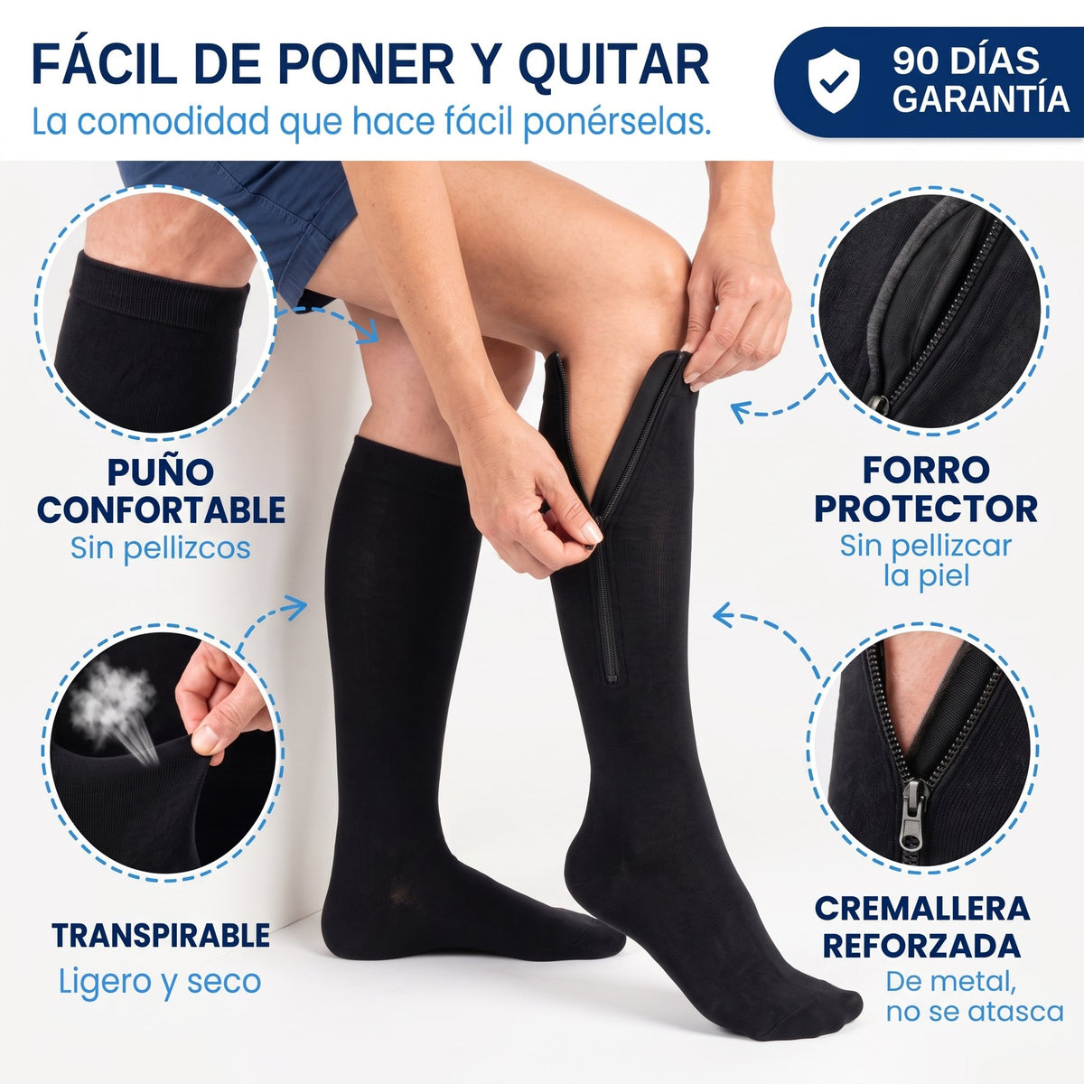 Fácil de poner y quitar: puño confortable, forro protector, transpirable, cremallera reforzada